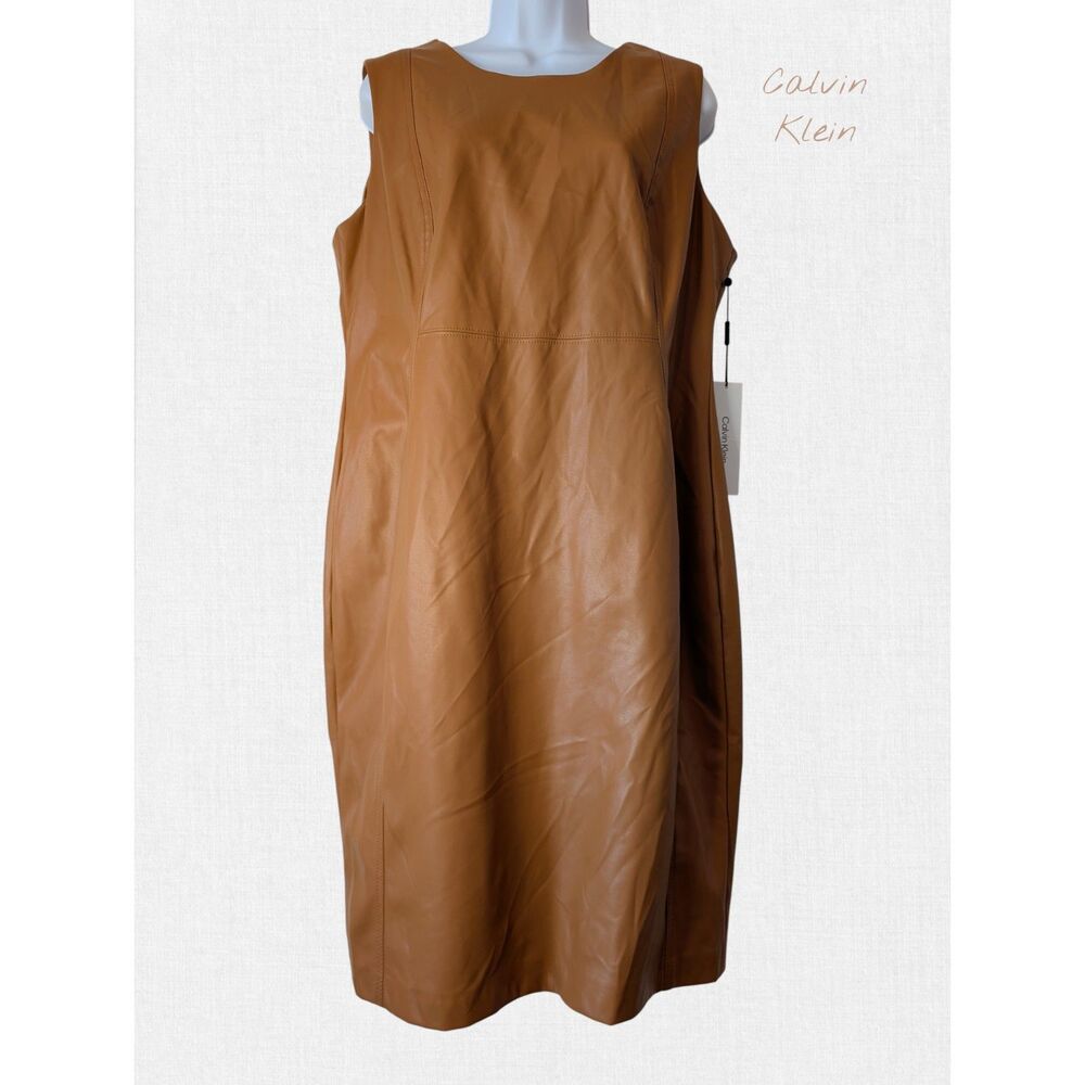 Calvin Klein Brown Faux Leather Sleeveless Sheath Dress Zip Back NWT